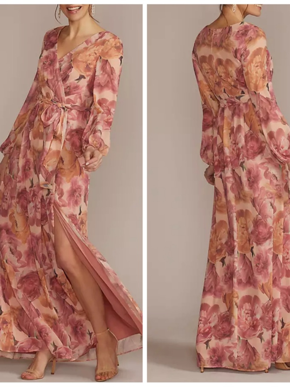 Oleg Casinni Long Sleeve Floral Chiffon Maxi Dress Size 10 Rose Cottagecore